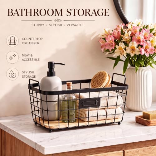 4 Pcs Black Metal Wire Storage Baskets with Wood Bottoms,Large