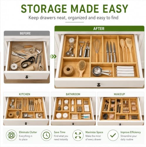 LEIMO KPARTS 8 Pcs Bamboo drawer Organizer Storage Box, Bin Set - Multi-Use b...