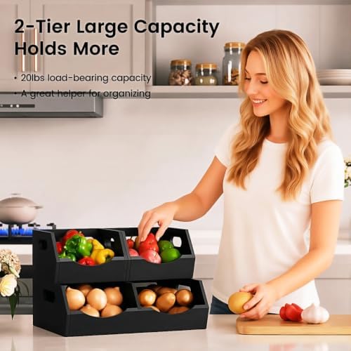 Potato and Onion Storage Bin, 2 Tier Bamboo Kitchen Storage Rack, Stackable V...