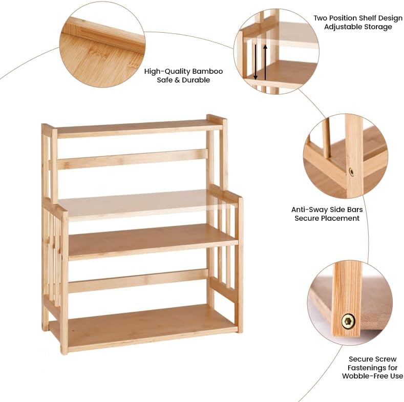 Bamboo Spice Rack 3-Tier Kitchen Countertop Organizer, Adjustable Shelf Pantr...