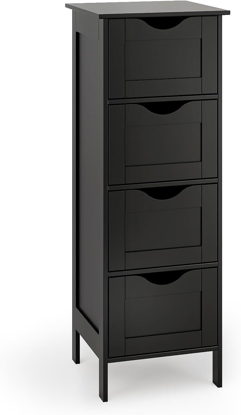 VINGLI Black Bathroom Storage Cabinet with 4 Drawers, Slim Freestanding Floor...