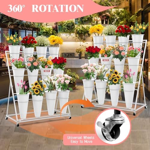 Flower Display Stand with 12 Buckets, 3-Layer Metal Plant Stand with Wheels, ...