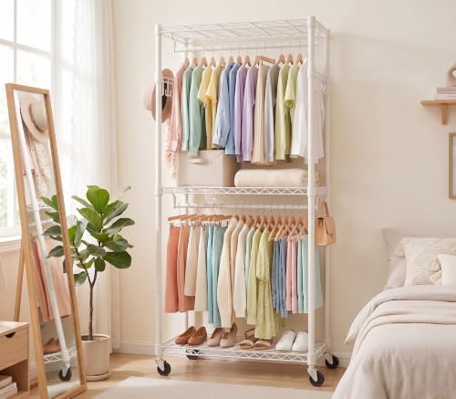 Rolling Clothing Rack-Heavy Duty Clothes Rack with Lockable Wheels, White