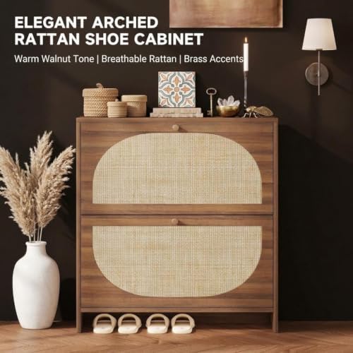 Rattan Shoe Cabinet with 2 Flip Drawers, Arched Accent Shoe Storage for Entry...