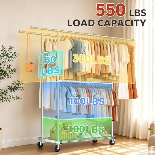 Heavy Duty Clothes Rack Load 550LBS, Rolling Clothing Rack Silver