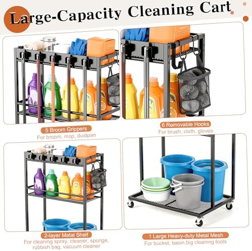 Broom Holder with Cleaning Supplies Organizer,Rolling Cleaning Cart