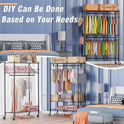 Homdox Rolling Garment Rack with Double Rod, Heavy Duty Clothing Rack with Sh...