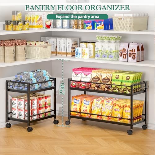 2-Tier Expandable Rolling Pantry Cart with Wheels, Adjustable Floor Organizer...