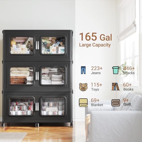 BROVIEW 660 Qt Extra Large Stackable Storage Bin with Lids, 3 Pack Black