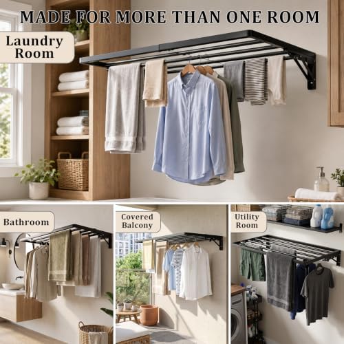 Wall Mounted Clothes Drying Rack, Foldable, 70 lbs Capacity, 30 Inch, Black