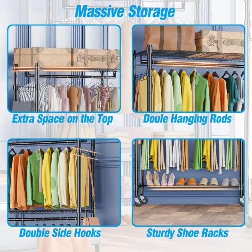 Homdox Double Rod Closet 3 Shelves Wire Shelving Clothing Rolling Rack Heavy ...