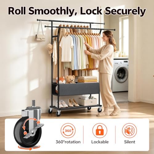 Heavy Duty Rolling Clothing Rack, Double Rod Clothing Storage Organizer