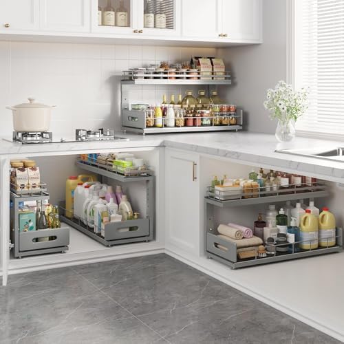 Under Sink Organizer Upgrade To Professional Rails,2-Tier Dual Pull Out Cabin...
