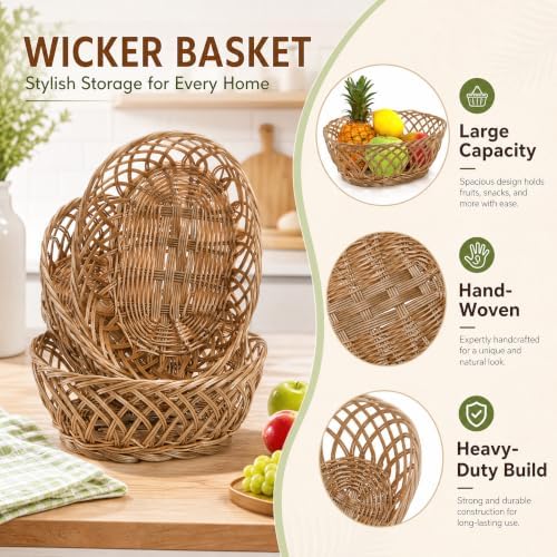 10 Pack Plastic Oval Basket, 10"x7.5"x4" Wicker Bread Basket B...