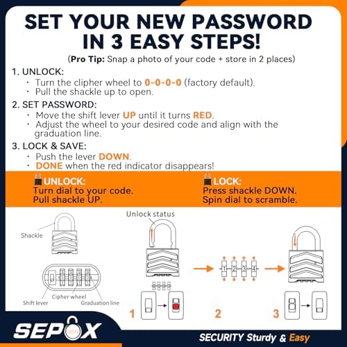 SEPOX® Large Padlock Combination Lock 2.2", 4 Big Digit Resettable, 4 Pcs