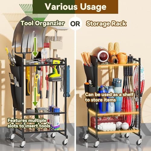 Garden Tool Organizer with Wheels, Rolling Yard Tool Tower Rack Carts for Gar...