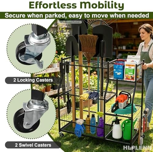 Garden Tool Organizer with Wheels, Metal Rack for Long Handled Tools