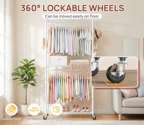 Rolling Clothing Rack-Heavy Duty Clothes Rack with Lockable Wheels, White