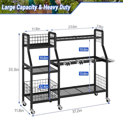 keomaisyto Heavy-Duty Garden Tool Organizer with 6 Wheels and 2 Baskets