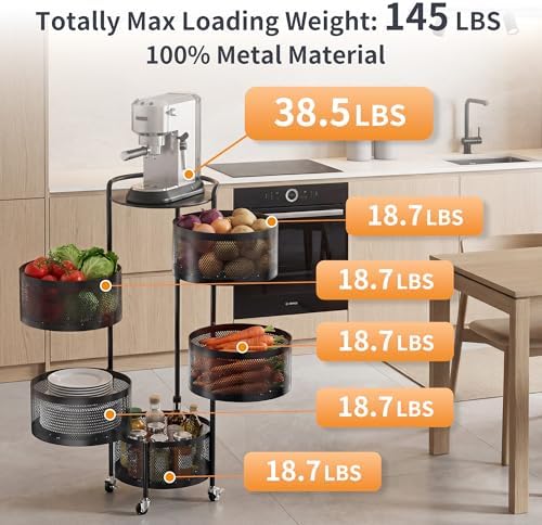 JAQ No Assembly Rotating Kitchen Storage Rack, 5-Tier Metal Basket Organizer ...