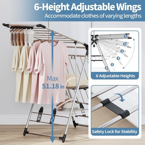 APEXCHASER Clothes Drying Rack with High Hanger, 3-Level Drying Racks