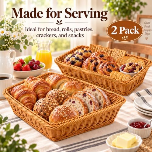 2 Pack Wicker Bread Baskets, 17.7 Inch Rectangular Serving Trays