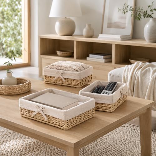 Baskets for Shelves Set of 4, Woven Paper Rope Storage, Khaki