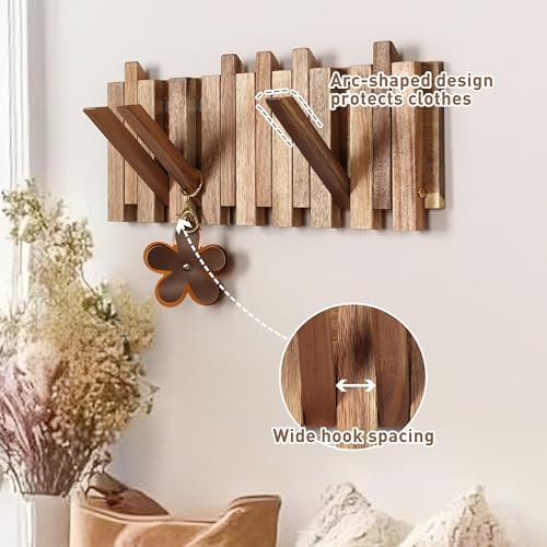 Wall Coat Rack for Entryway: Folding Wood Rustic 8 Hooks