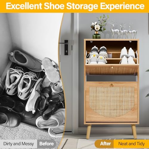 Karl home Natural Rattan Shoe Cabinet, 2 Flip Drawer Entryway Organizer