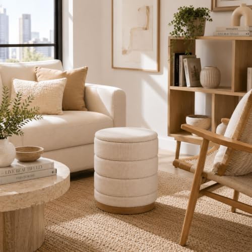 Linen Storage Ottoman Round Footrest with Hidden Storage, Biege 16" L X1...