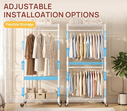 Rolling Clothing Rack-Heavy Duty Clothes Rack with Lockable Wheels, White