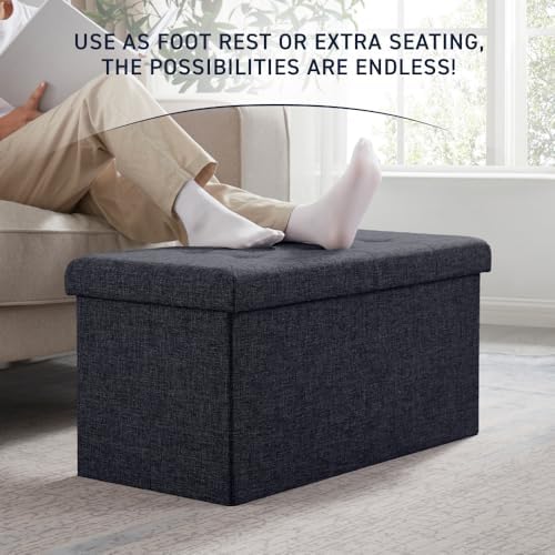 Ornavo Home 30 Inch Folding Storage Ottoman Bench, Tufted Linen, Black
