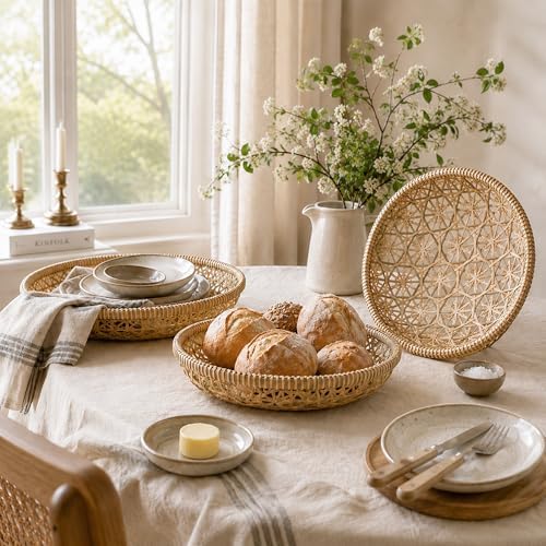 Handwoven Bamboo Basket Set of 3, Round Nesting Bread & Fruit Baskets, Na...
