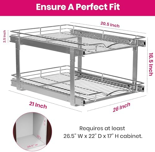 2-Tier Pull-Out Cabinet Organizer for Kitchen, 26"W x 21”D x 16.5"H