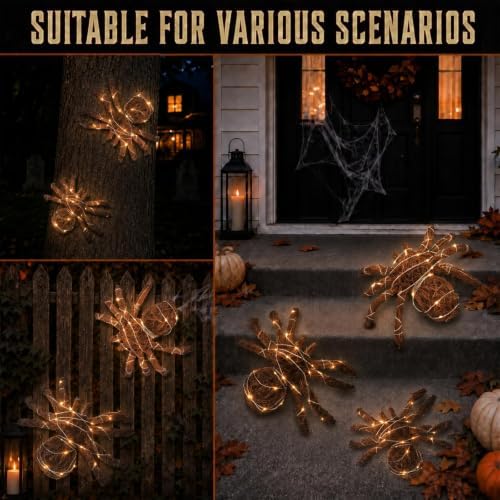 3 Pcs Halloween Rattan Woven Fake Spider Decor with String Lights