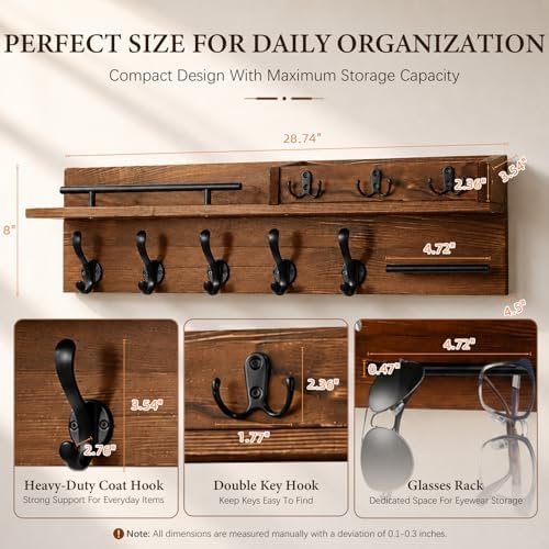Wooden Wall Mounted Coat Rack for Entryway, Coat Rack Wall Mount with Shelf
