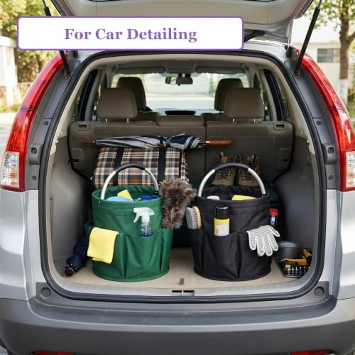 2PCS Collapsible Cleaning Caddy, 17L Tool Bag with 6 Pockets, Green + Black