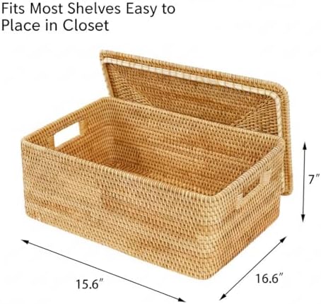 Rattan Storage Basket with Lid – 16.5×12.6×7 inch for Home