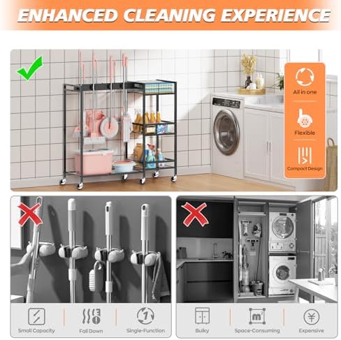 Broom and Mop Holder, MUNNAR Broom Closet Storage Cabinet with Cleaning Suppl...