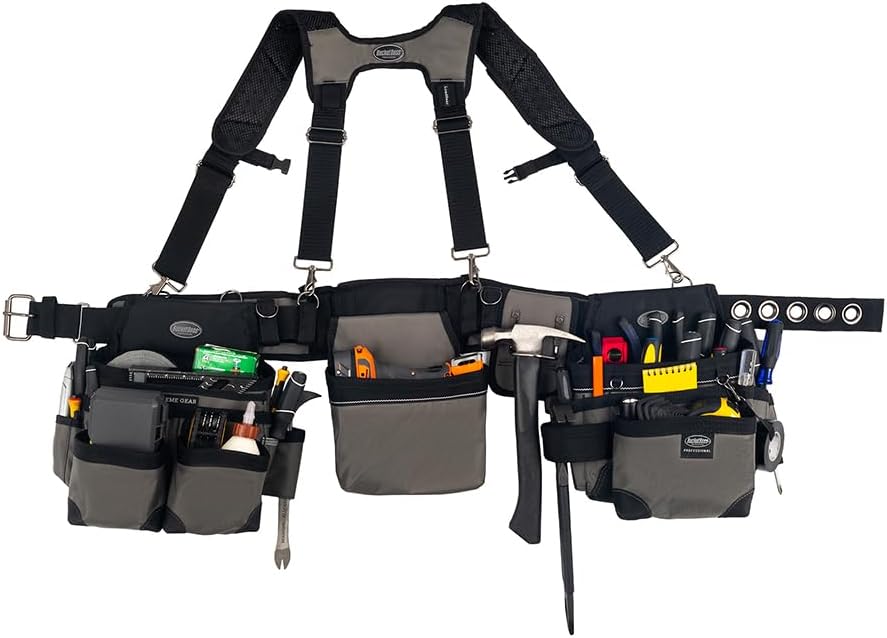 Bucket Boss Mullet Buster 3 Bag Tool Belt with Suspenders in Grey, 55135, Bla...