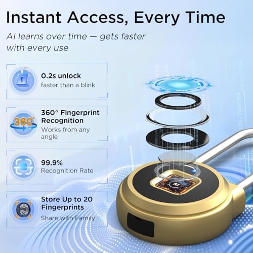 Fingerprint Lock - 2.1 Inch Long Shackle Combination Lock with Fingerprint Bl...