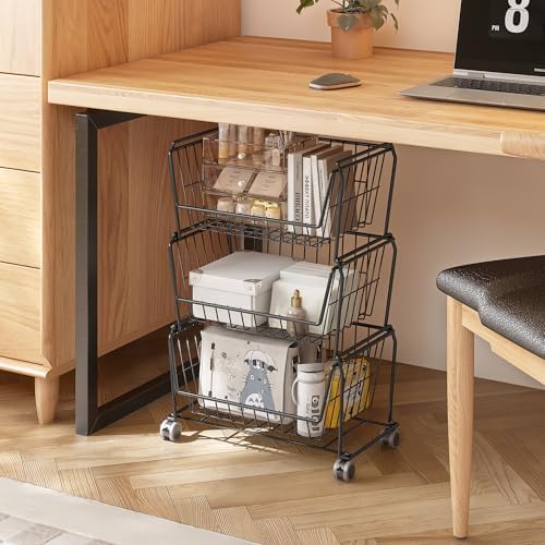 PUSDON 4-Tier Spacious Stackable Wire Storage Baskets with Wheels, Metal Roll...