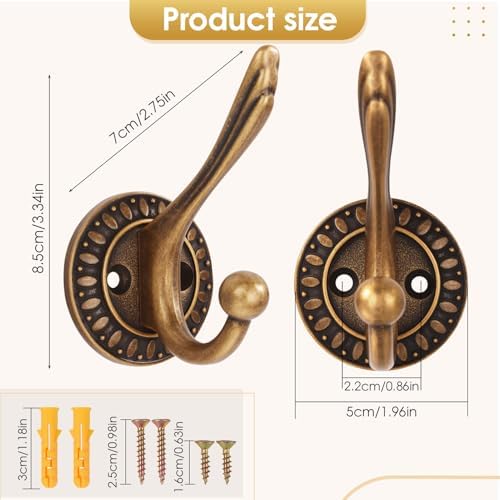 Antique Brass Heavy Duty Wall Hooks – 6 Pack Rustic Coat Hooks for Hanging Co...