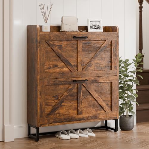 MU Shoe Storage Cabinet with 2 Flip Drawers, Freestanding Shoe Rack Cabinet w...