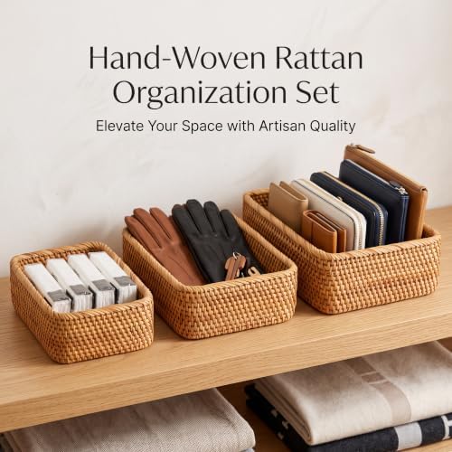 ZENFUN 3 Pack Natural Rattan Storage Baskets, Rectangular Woven Fruit Baskets...