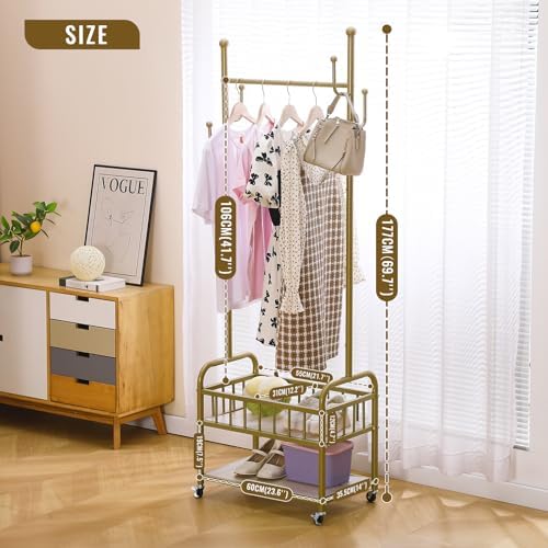 BOOSDEN Gold Clothing Rack with Wheels, Rolling Clothes Rack, Garment Rack