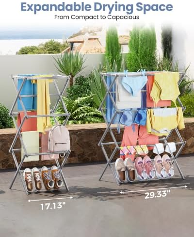 APEXCHASER Oversize 3-Tier Clothes Drying Rack, No Install, Grey