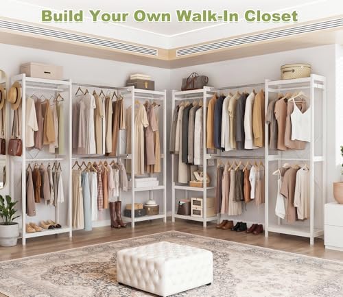 Homykic Bamboo Clothing Rack, 74”-88” Expandable Closet System, White