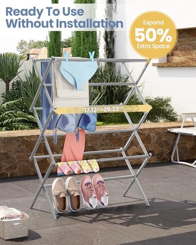 APEXCHASER Oversize 3-Tier Clothes Drying Rack, No Install, Grey