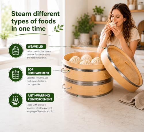 2-Tier Bamboo Seafood Steamer Basket 10 Inch for Cooking Dumplings, Vegetable...